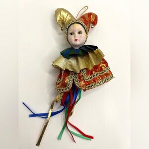 VTG Porcelain Face Harlequin Clown Head Red Gold Green Christmas Ornament 4 in